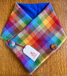 Rainbow Harris Tweed neck warmer with blue brushed cotton lining