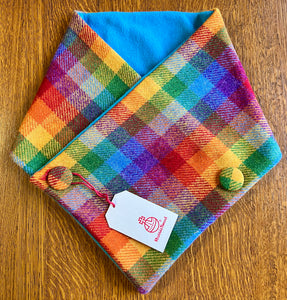 Rainbow Harris Tweed neck warmer with turquoise fleece lining