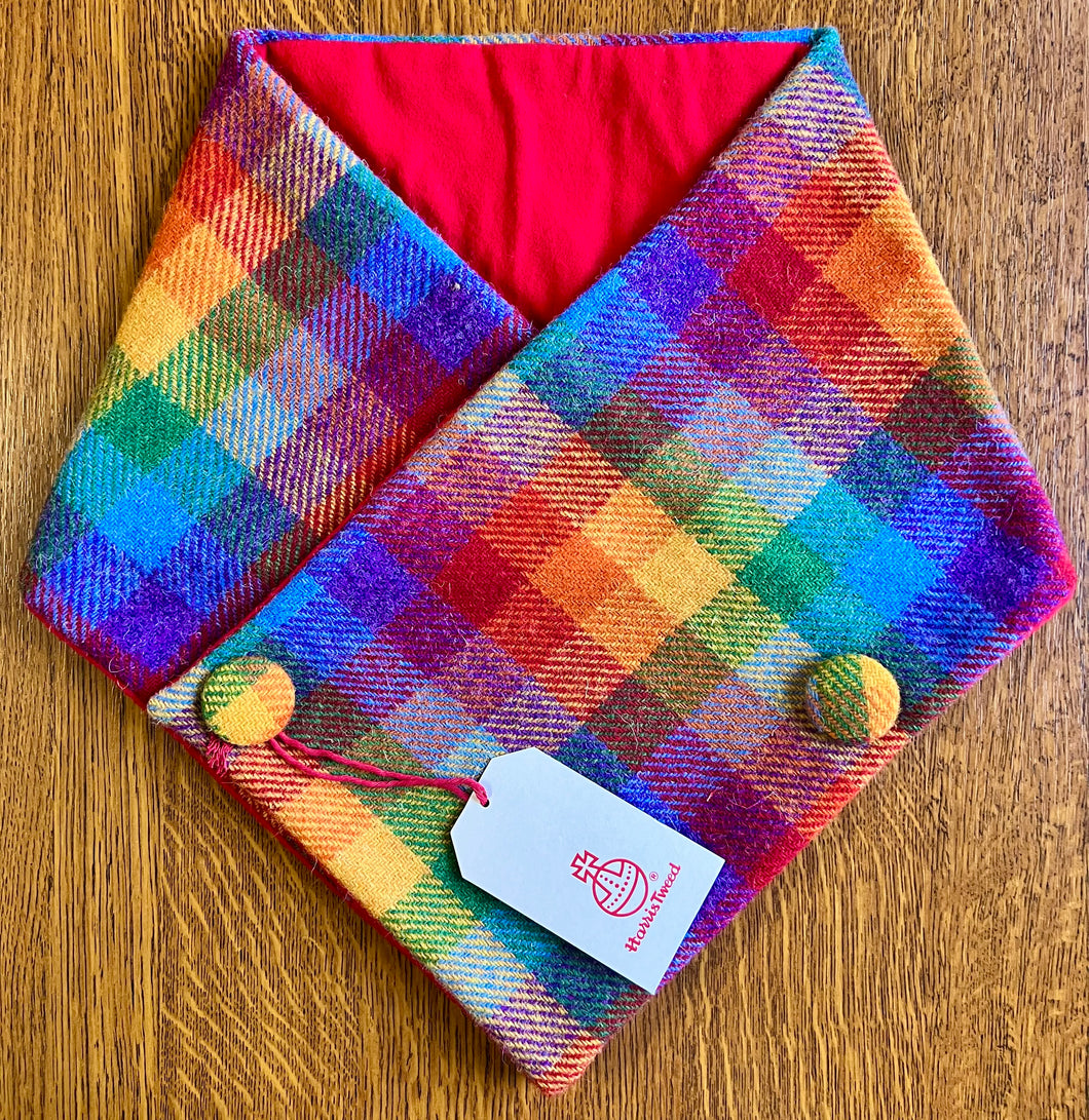 Rainbow Harris Tweed neck warmer with red brushed cotton lining