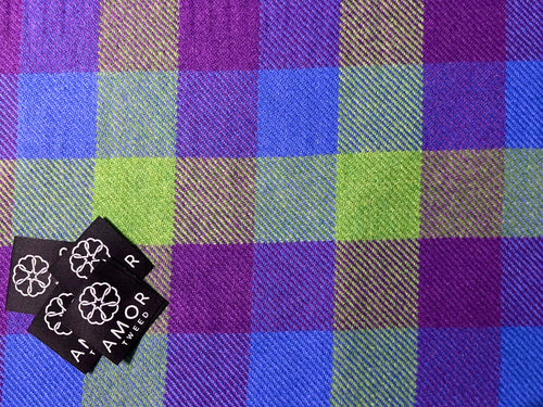 AMOR TWEED Lambswool British wool blue/green/purple large block check