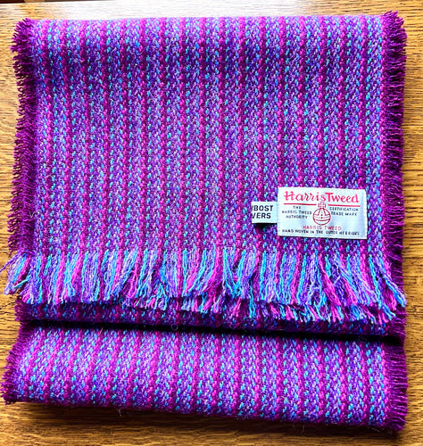 Harris tweed striped scarf with plum weft