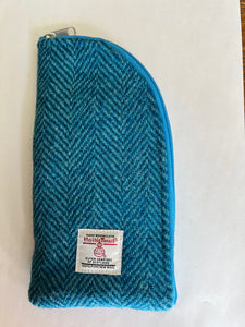 Turquoise and teal herringbone Harris Tweed glasses case